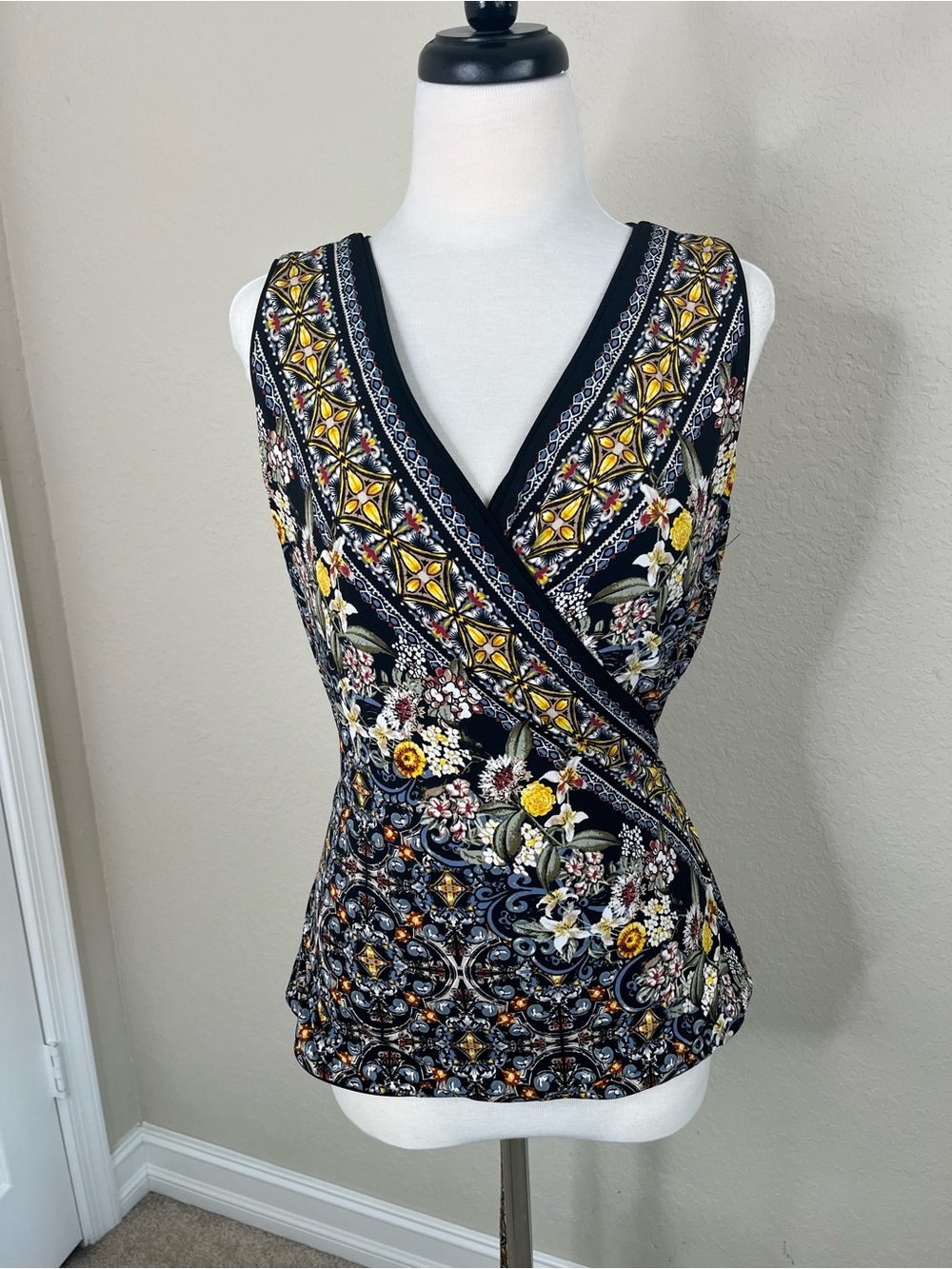 White House Black Market Black Floral Wrap Camisole with Yellow Accents